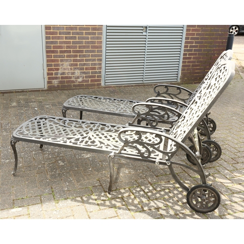186 - PAIR OF CAST METAL SUN LOUNGERS (2). adjustable backs, 103cm H x 70cm W x 178cm L, 213cm L back down... 