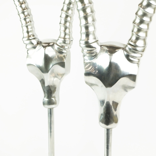 188 - PAIR OF ANDREW MARTIN POLISHED METAL ANTELOPE HEAD SCULPTURES. 84cm H x 38cm W x 13cm D.