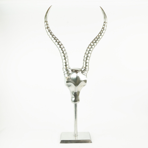 188 - PAIR OF ANDREW MARTIN POLISHED METAL ANTELOPE HEAD SCULPTURES. 84cm H x 38cm W x 13cm D.
