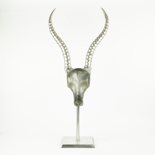 188 - PAIR OF ANDREW MARTIN POLISHED METAL ANTELOPE HEAD SCULPTURES. 84cm H x 38cm W x 13cm D.