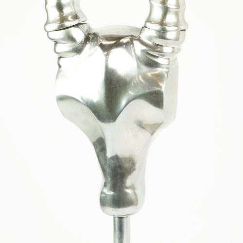 188 - PAIR OF ANDREW MARTIN POLISHED METAL ANTELOPE HEAD SCULPTURES. 84cm H x 38cm W x 13cm D.