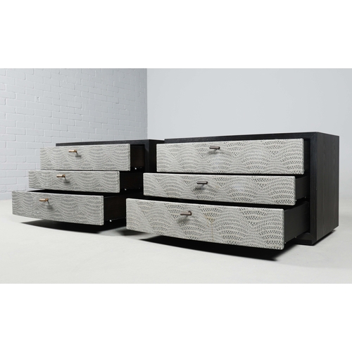 190 - SIDE CHESTS, A PAIR. each with 3 drawers, faux crocodile upholstered fronts, each 90cm x 50cm x 55cm... 