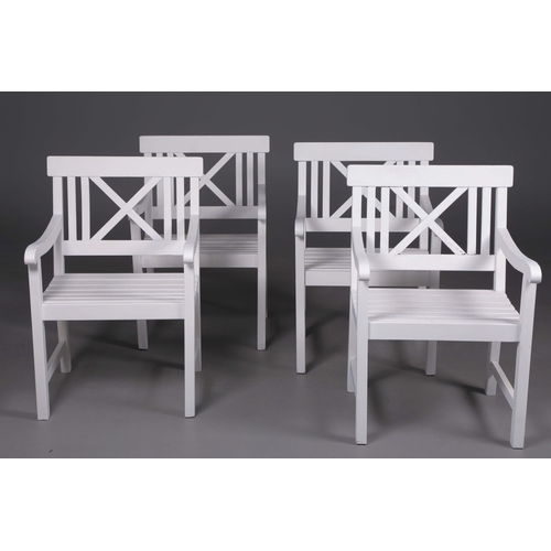 203 - HAMPTONS STYLE GARDEN CHAIRS, A SET OF 4. later white painted finish. (4).