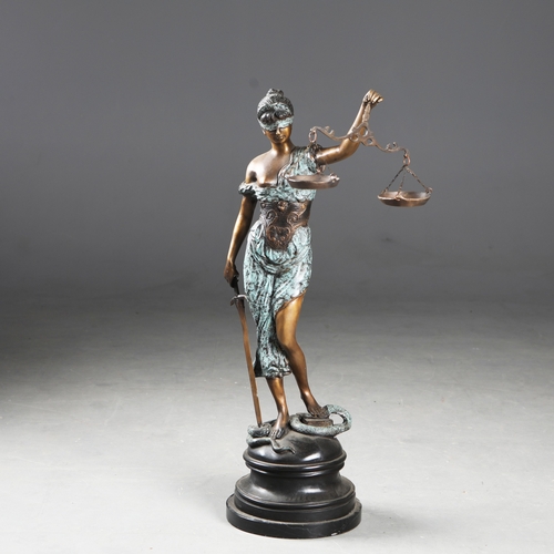 205 - CONTEMPORARY SCHOOL SCULPTURAL STUDY OF LADY JUSTICE. cast metal, 77cm H approx. (2).