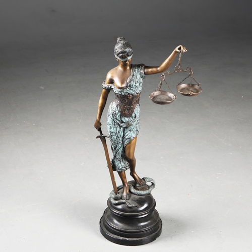 205 - CONTEMPORARY SCHOOL SCULPTURAL STUDY OF LADY JUSTICE. cast metal, 77cm H approx. (2).