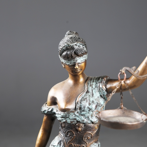 205 - CONTEMPORARY SCHOOL SCULPTURAL STUDY OF LADY JUSTICE. cast metal, 77cm H approx. (2).