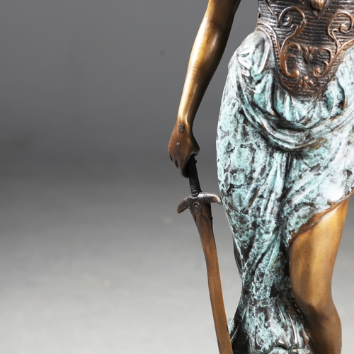 205 - CONTEMPORARY SCHOOL SCULPTURAL STUDY OF LADY JUSTICE. cast metal, 77cm H approx. (2).