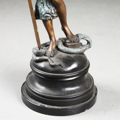 205 - CONTEMPORARY SCHOOL SCULPTURAL STUDY OF LADY JUSTICE. cast metal, 77cm H approx. (2).