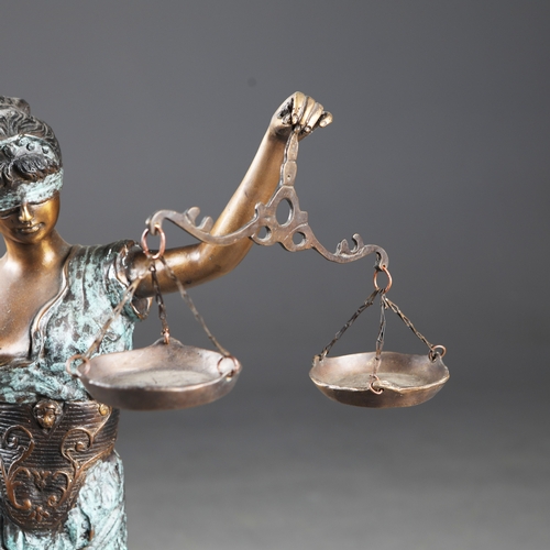 205 - CONTEMPORARY SCHOOL SCULPTURAL STUDY OF LADY JUSTICE. cast metal, 77cm H approx. (2).
