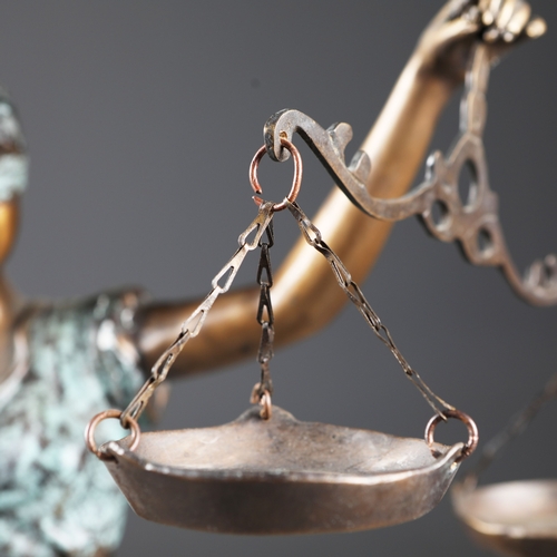 205 - CONTEMPORARY SCHOOL SCULPTURAL STUDY OF LADY JUSTICE. cast metal, 77cm H approx. (2).