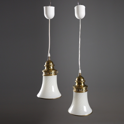 208 - PAIR OF 1960s ITALIAN SWIRL MURANO GLASS AND BRASS PENDANT LIGHTS. 26cm H x 18cm W x 50 adjustable h... 