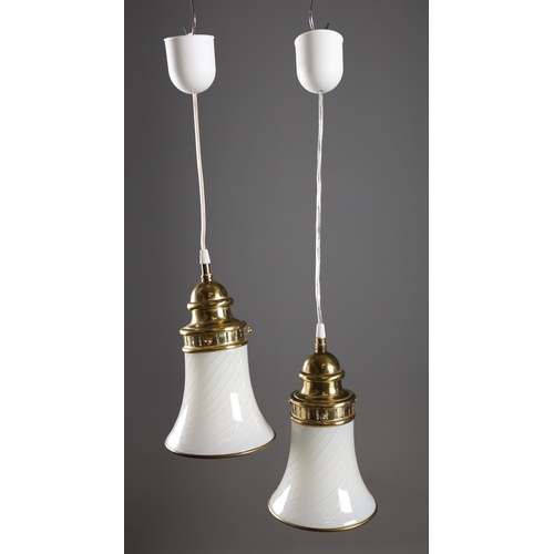 208 - PAIR OF 1960s ITALIAN SWIRL MURANO GLASS AND BRASS PENDANT LIGHTS. 26cm H x 18cm W x 50 adjustable h... 