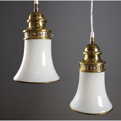 208 - PAIR OF 1960s ITALIAN SWIRL MURANO GLASS AND BRASS PENDANT LIGHTS. 26cm H x 18cm W x 50 adjustable h... 