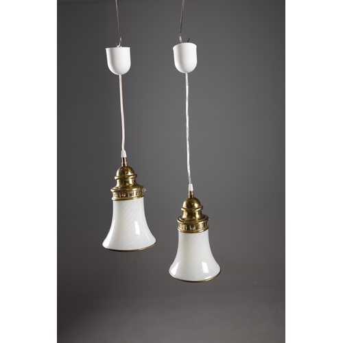 208 - PAIR OF 1960s ITALIAN SWIRL MURANO GLASS AND BRASS PENDANT LIGHTS. 26cm H x 18cm W x 50 adjustable h... 