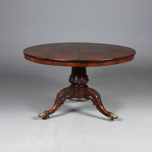 209 - BREAKFAST TABLE. Victorian rosewood, the circular top on a carved and turned column with triform sup... 