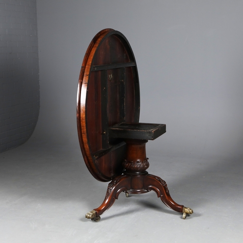 209 - BREAKFAST TABLE. Victorian rosewood, the circular top on a carved and turned column with triform sup... 