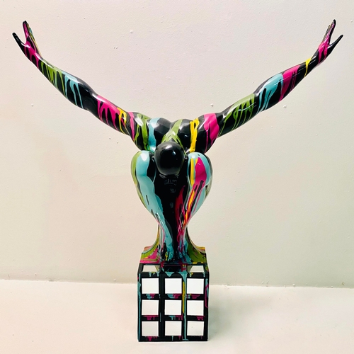 221 - CONTEMPORARY DIVER SCULPTURE IN POLYCHROME PAINT FINISH. 81cm H x 82cm W x 28cm D.