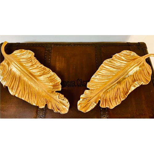 222 - PAIR OF GILT METAL TROPICAL LEAF SERVING DISHES. 7cm H x 50cm W x 20cm D.