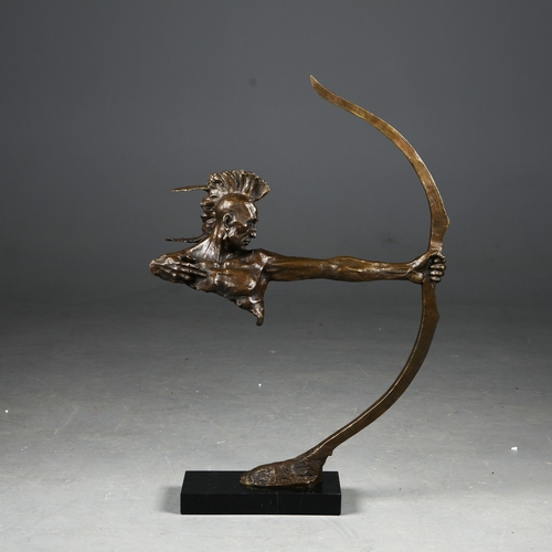 225 - CONTEMPORARY SCHOOL SCULPTURAL STUDY OF FIRST NATION ARCHER. cast metal, 84.5cm H approx.