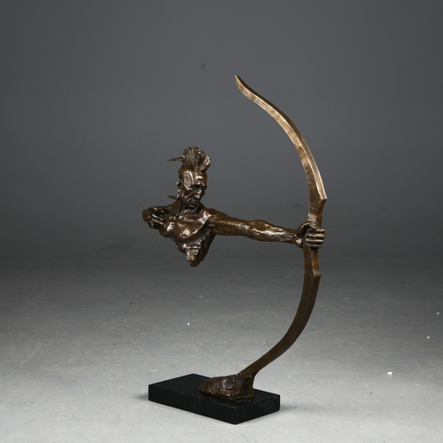 225 - CONTEMPORARY SCHOOL SCULPTURAL STUDY OF FIRST NATION ARCHER. cast metal, 84.5cm H approx.