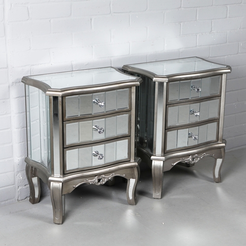 230 - FRENCH STYLE SIDE CHESTS, A PAIR. mirrored and silvered finish, each with 3 drawers. (2).