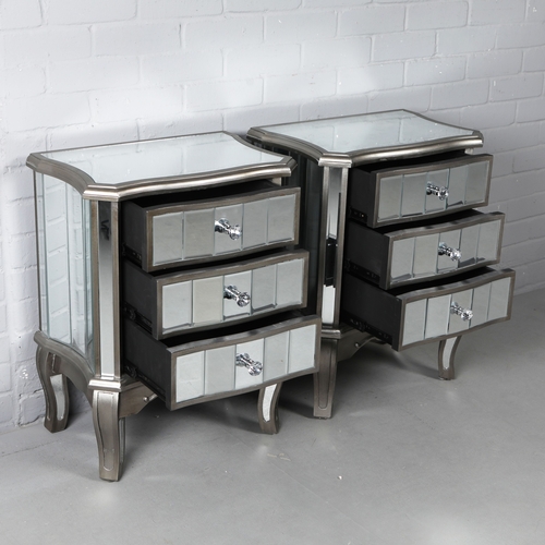 230 - FRENCH STYLE SIDE CHESTS, A PAIR. mirrored and silvered finish, each with 3 drawers. (2).