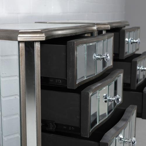 230 - FRENCH STYLE SIDE CHESTS, A PAIR. mirrored and silvered finish, each with 3 drawers. (2).