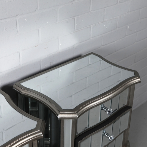 230 - FRENCH STYLE SIDE CHESTS, A PAIR. mirrored and silvered finish, each with 3 drawers. (2).