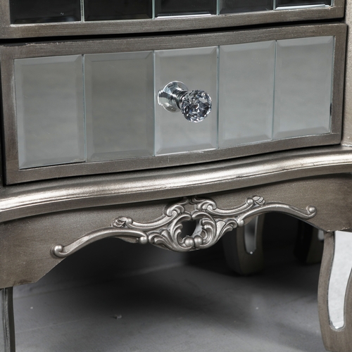 230 - FRENCH STYLE SIDE CHESTS, A PAIR. mirrored and silvered finish, each with 3 drawers. (2).
