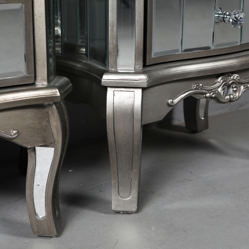 230 - FRENCH STYLE SIDE CHESTS, A PAIR. mirrored and silvered finish, each with 3 drawers. (2).