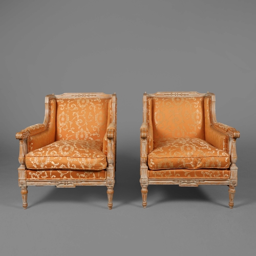 238 - PAIR OF LOUIS XVI STYLE LIMED BEECHWOOD BERGERES (2). orange damask upholstery. 84cm H x 68cm W x 84... 