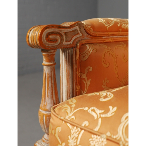 238 - PAIR OF LOUIS XVI STYLE LIMED BEECHWOOD BERGERES (2). orange damask upholstery. 84cm H x 68cm W x 84... 