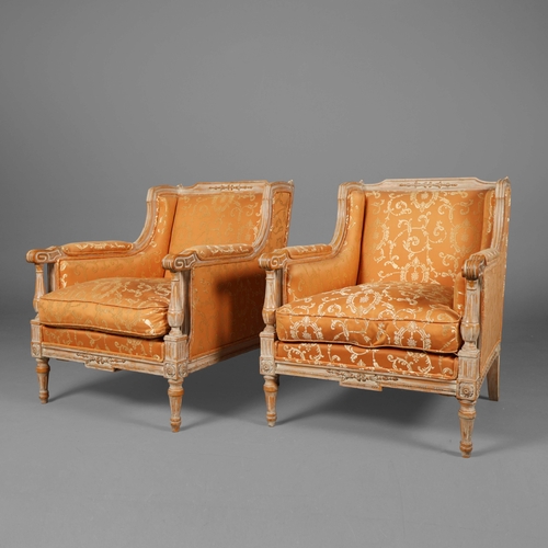 238 - PAIR OF LOUIS XVI STYLE LIMED BEECHWOOD BERGERES (2). orange damask upholstery. 84cm H x 68cm W x 84... 