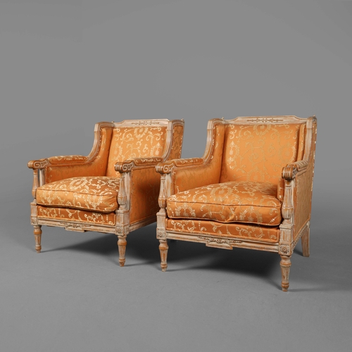238 - PAIR OF LOUIS XVI STYLE LIMED BEECHWOOD BERGERES (2). orange damask upholstery. 84cm H x 68cm W x 84... 