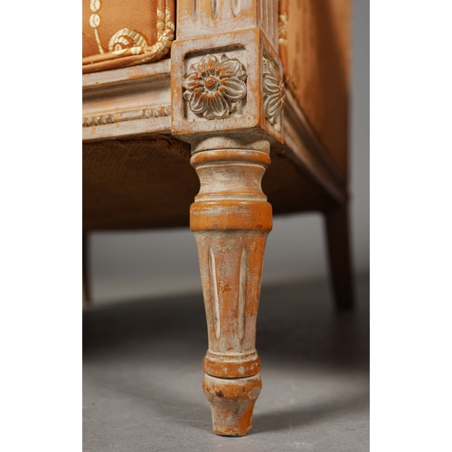 238 - PAIR OF LOUIS XVI STYLE LIMED BEECHWOOD BERGERES (2). orange damask upholstery. 84cm H x 68cm W x 84... 