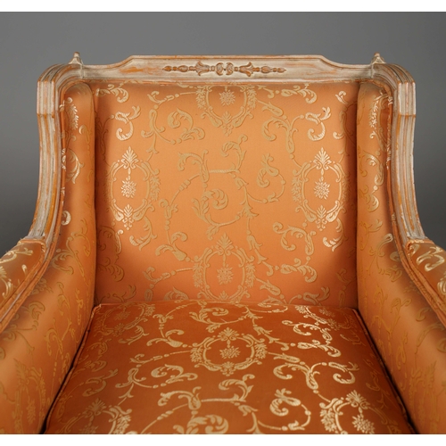 238 - PAIR OF LOUIS XVI STYLE LIMED BEECHWOOD BERGERES (2). orange damask upholstery. 84cm H x 68cm W x 84... 