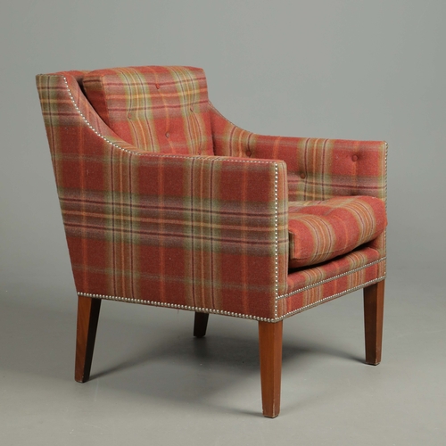 240 - CHECKED FABRIC UPHOLSTERED ARMCHAIR. studded detail, 65cm W approx.