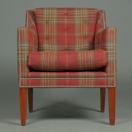 240 - CHECKED FABRIC UPHOLSTERED ARMCHAIR. studded detail, 65cm W approx.