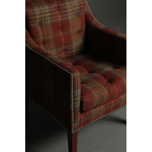 240 - CHECKED FABRIC UPHOLSTERED ARMCHAIR. studded detail, 65cm W approx.