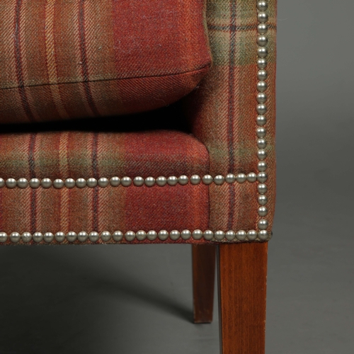 240 - CHECKED FABRIC UPHOLSTERED ARMCHAIR. studded detail, 65cm W approx.