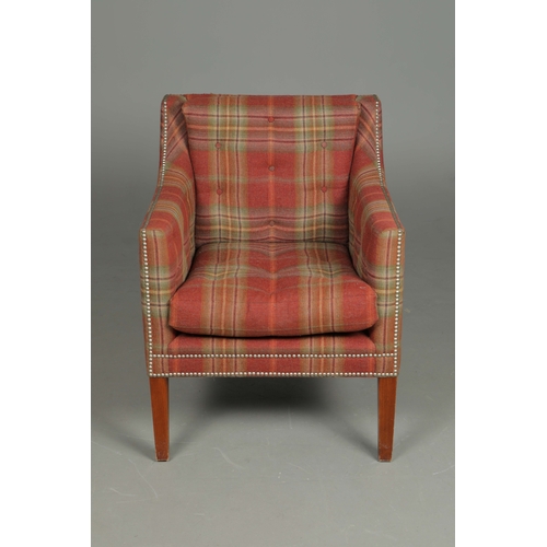 240 - CHECKED FABRIC UPHOLSTERED ARMCHAIR. studded detail, 65cm W approx.