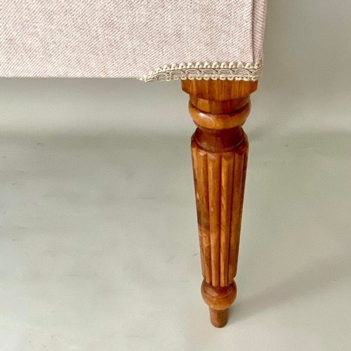 241 - HALL BENCH IN NEUTRAL LINEN UPHOLSTERY ON REEDED SUPPORTS. 48cm H x 150cm W x 40cm D.