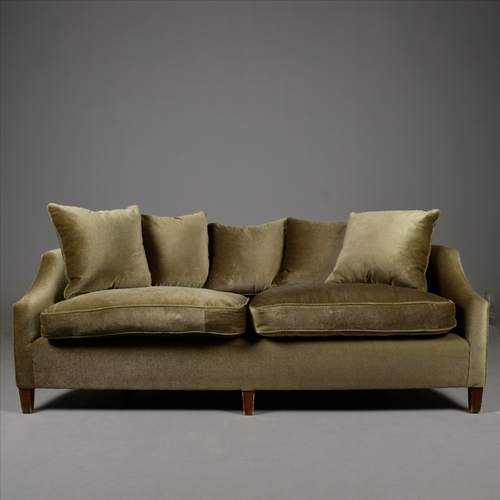 244 - MATCHED FOX LINTON UHOLSTERED SOFA AND STOOL. (2). 192cm at widest approx. (2).