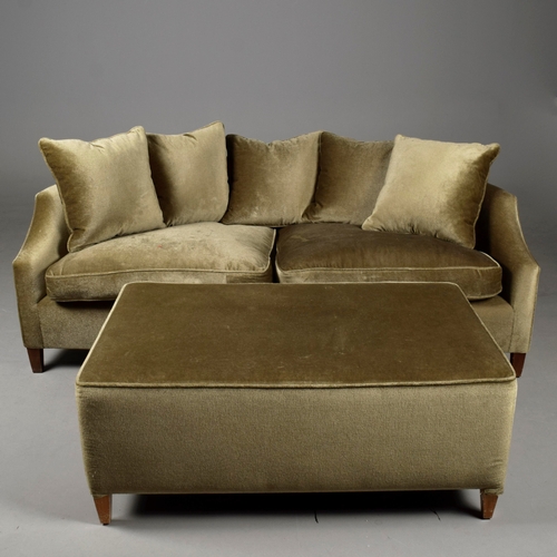 244 - MATCHED FOX LINTON UHOLSTERED SOFA AND STOOL. (2). 192cm at widest approx. (2).