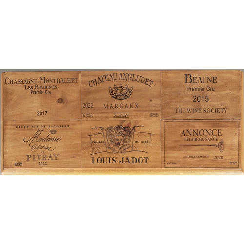 245 - WINE RACK. with various wine house names to top, 92.5cm x 33cm x 94.5cm approx.