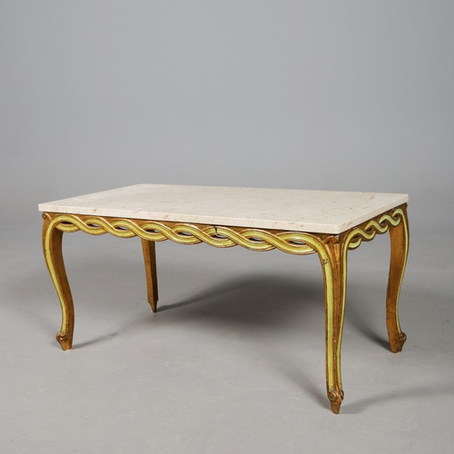 249 - COFFEE TABLE, WITH A POLISHED STONE TOP. on a green and gilt base 49cm t x 102cm w x 52 cm d.