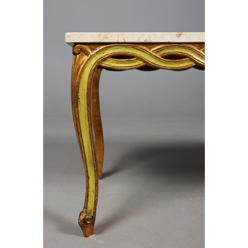 249 - COFFEE TABLE, WITH A POLISHED STONE TOP. on a green and gilt base 49cm t x 102cm w x 52 cm d.
