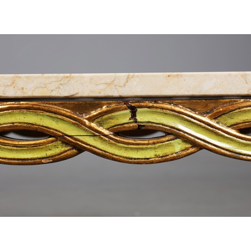 249 - COFFEE TABLE, WITH A POLISHED STONE TOP. on a green and gilt base 49cm t x 102cm w x 52 cm d.