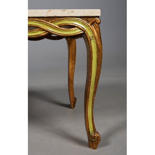 249 - COFFEE TABLE, WITH A POLISHED STONE TOP. on a green and gilt base 49cm t x 102cm w x 52 cm d.
