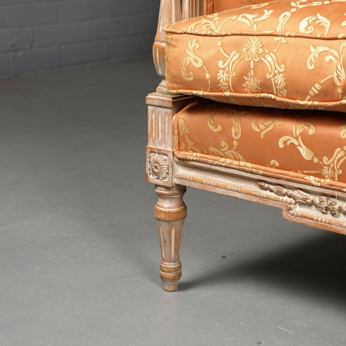 251 - LOUIS XVI STYLE LIMED BEECHWOOD CANAPE. orange damask upholstered, 83cm H x 180cm W x 82cm D.
